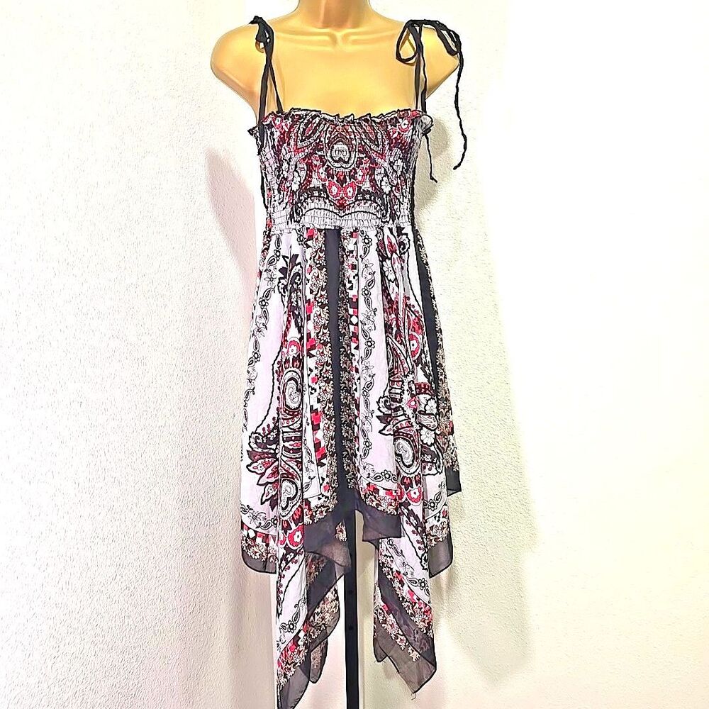 Milkmaid Dress L Asymmetric Hem Scarf Print Y2K Boho Fairy Grunge Festival Vacay